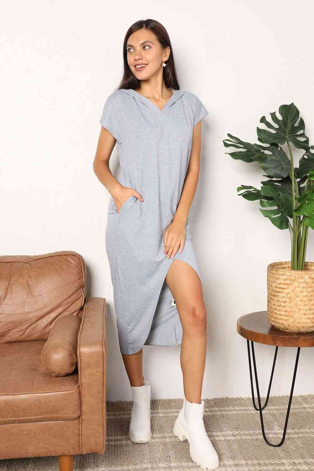 Hooded Dress with Front Slit