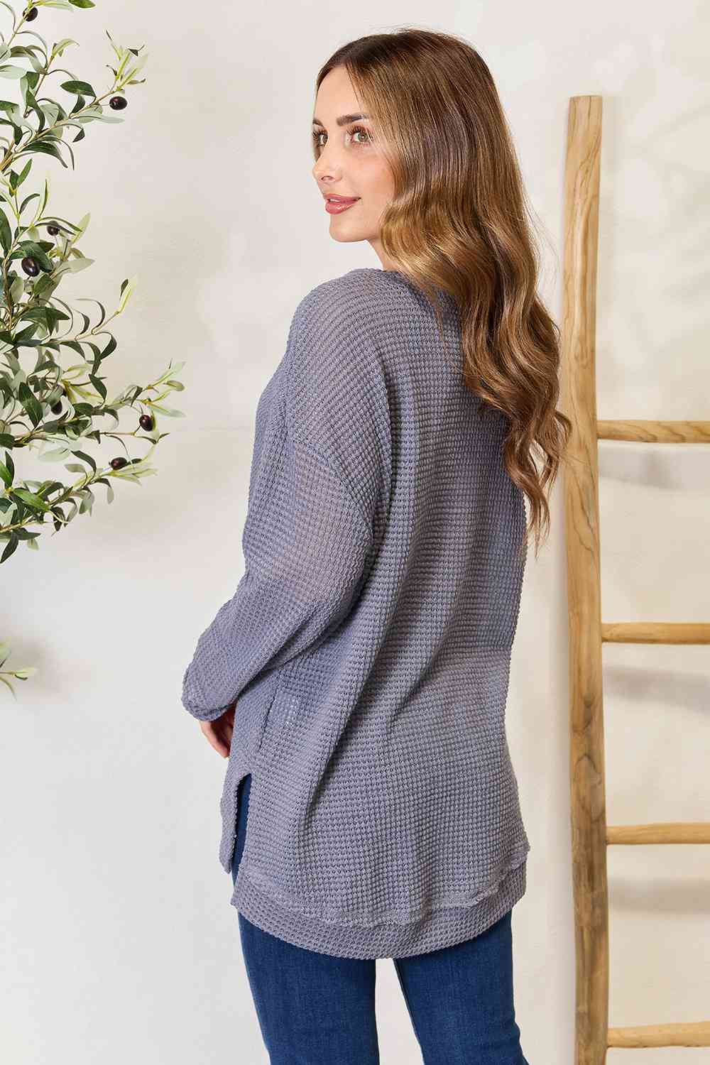 Basic Bae Long Sleeve Waffle-Knit Sweatshirt
